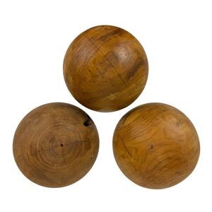 Decorative Wood Orbs Set of 3 Brown Teak 5.5 in Rustic Minimalist Balls